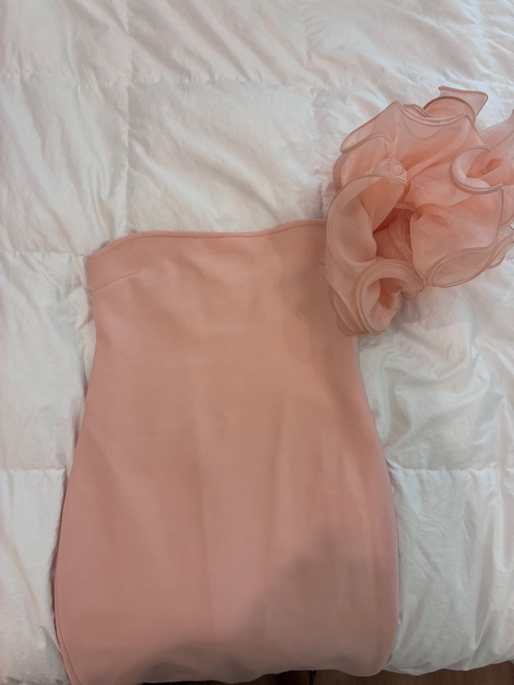 Fashion Nova One-Shoulder Maxi Dress in Blush Peach Pink with Rosette Accent
